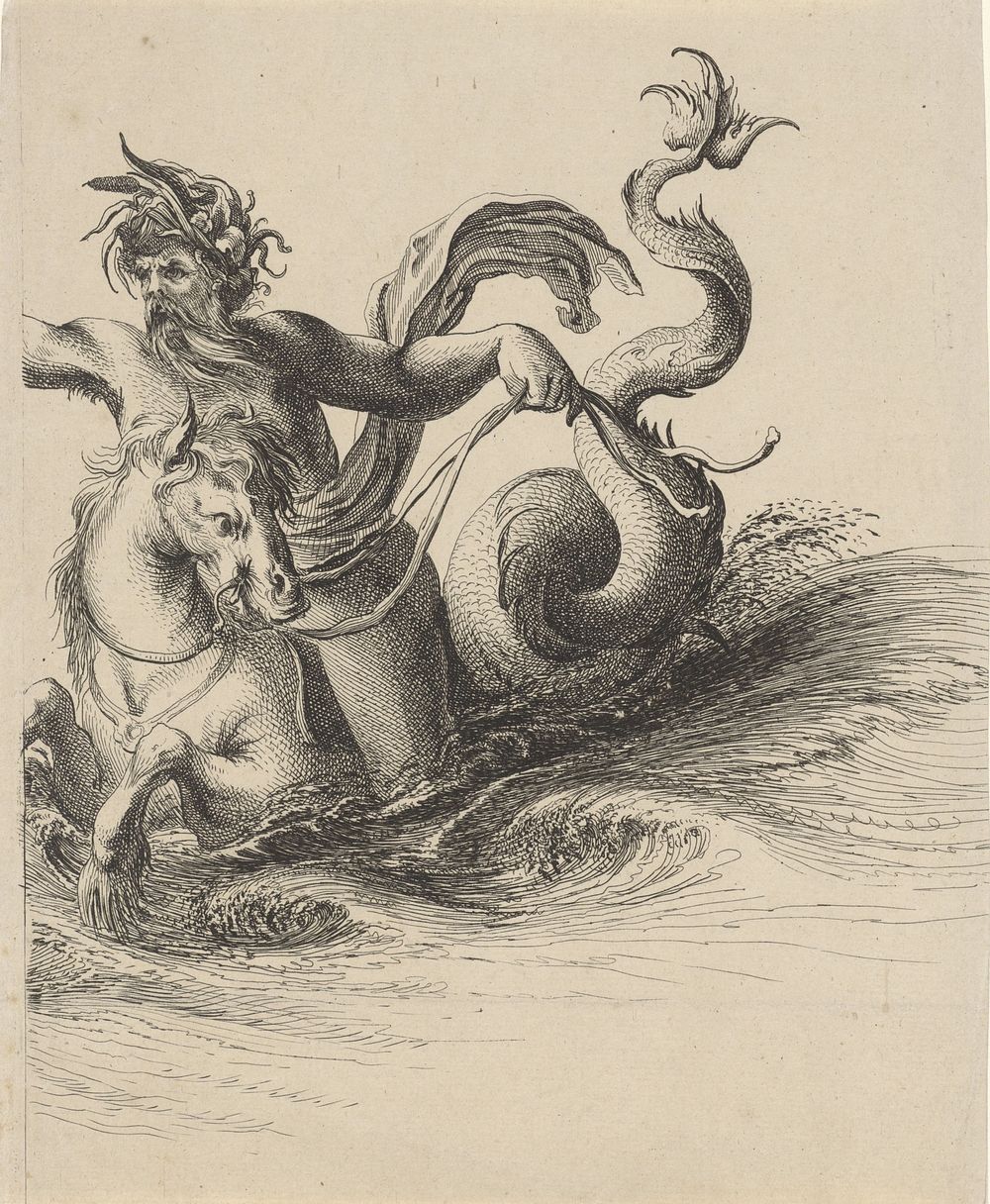 Naakte man met baard en hoofdtooi van rietstengels op de rug van een zeepaard (1623 - 1653) by Salomon Savery and Pieter…