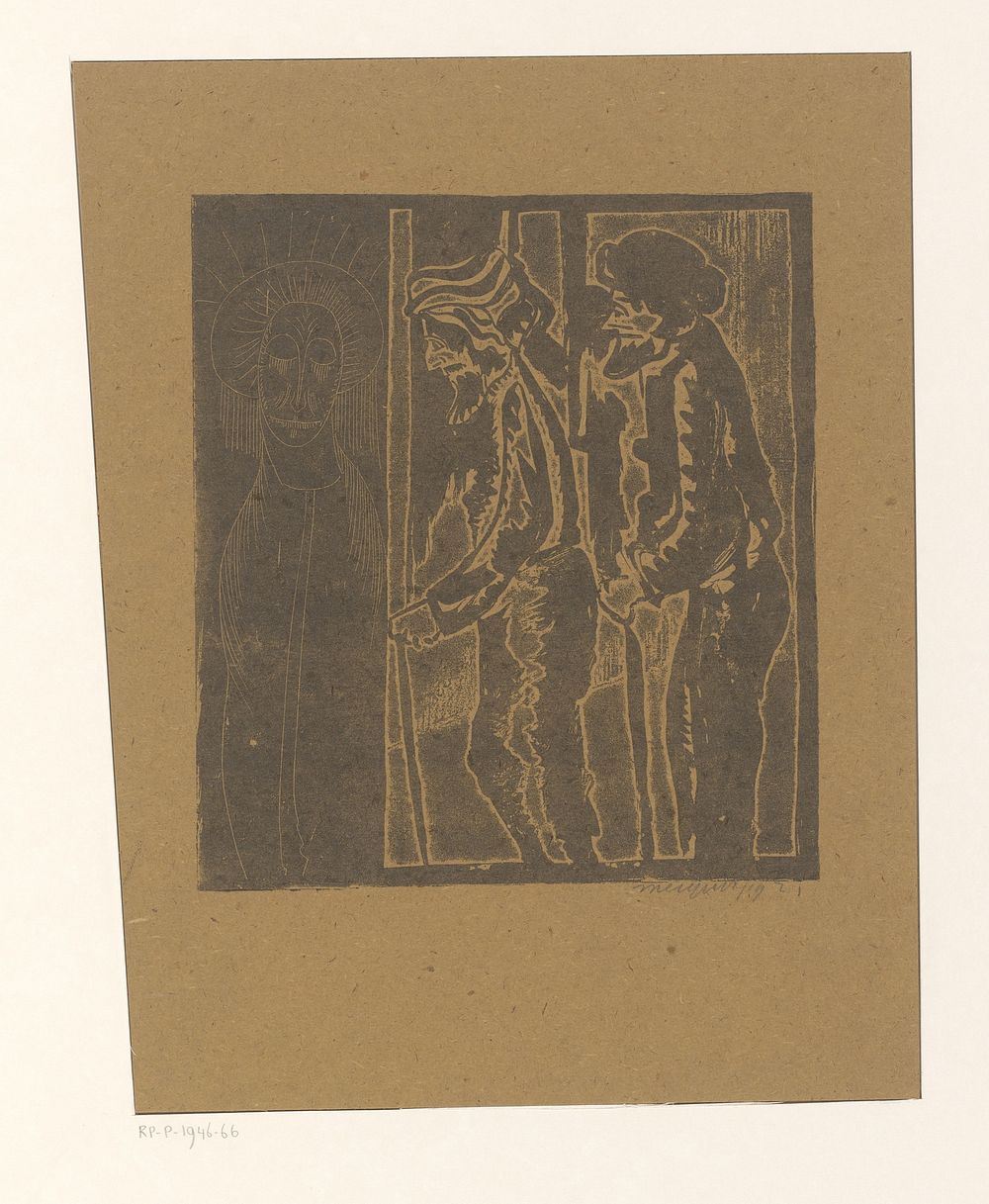 Twee mannen bij figuur met gesloten ogen (1921) by Samuel Jessurun de Mesquita
