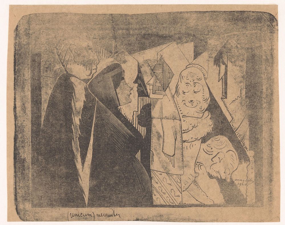 Fantasie: diverse figuren, de tweede van links een vrouw met gespikkeld gelaat in profiel naar rechts (1920) by Samuel…