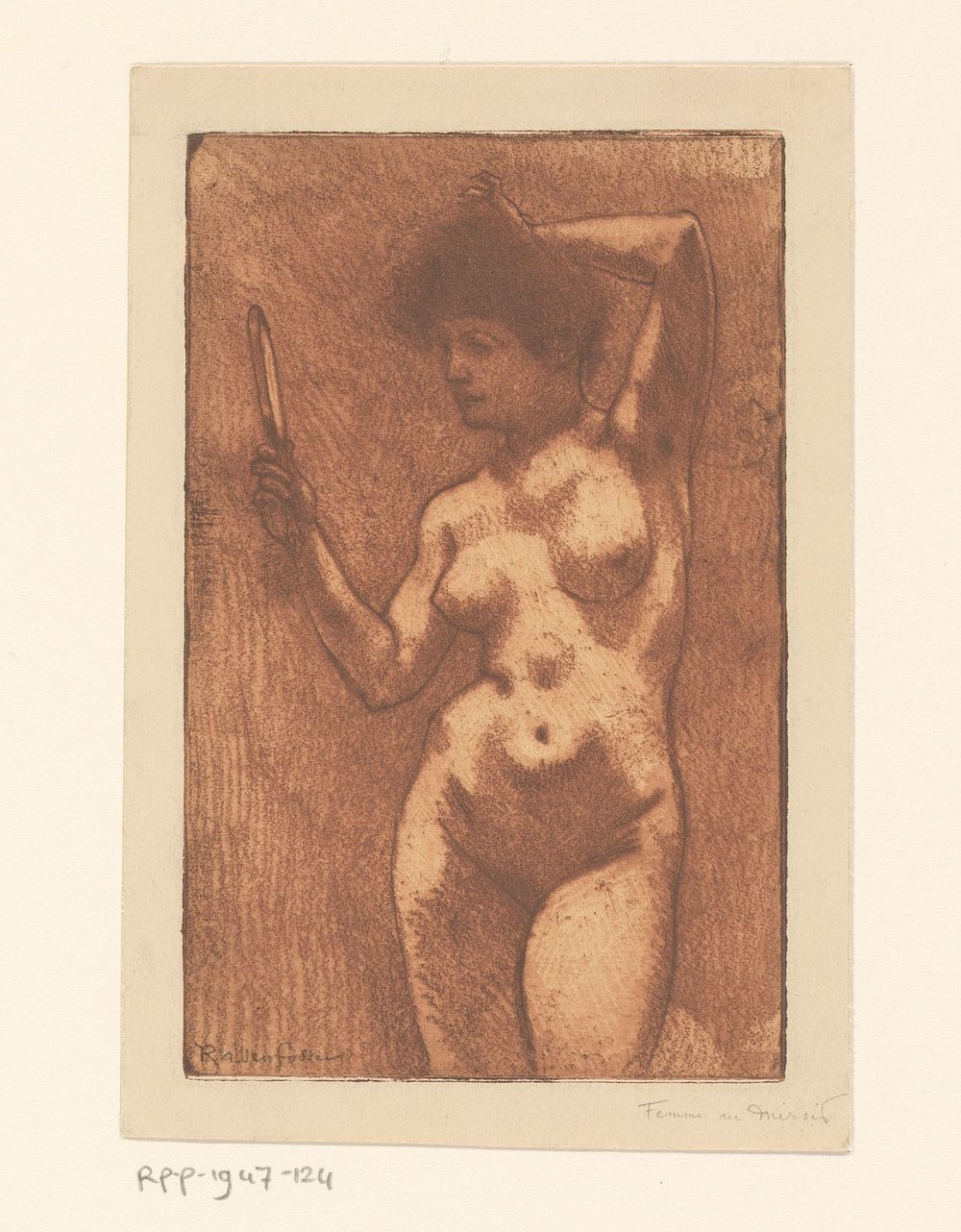 Naakte vrouw met hand op haar hoofd kijkend in een spiegel (1872 - 1934) by Armand Rassenfosse