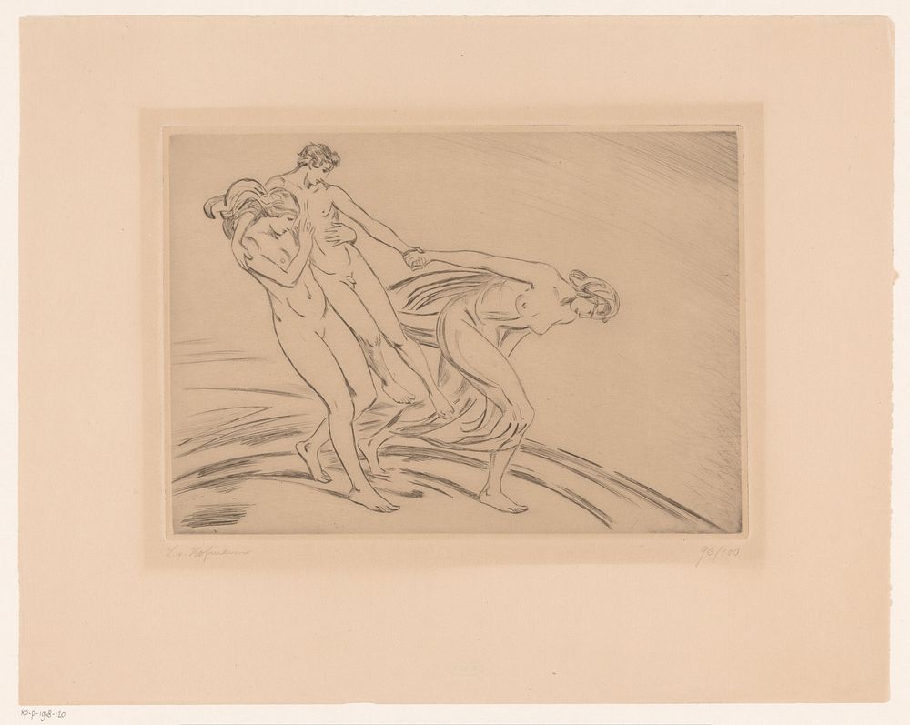 Twee vrouwen ontvoeren een man (1871 - 1945) by Ludwig von Hofmann