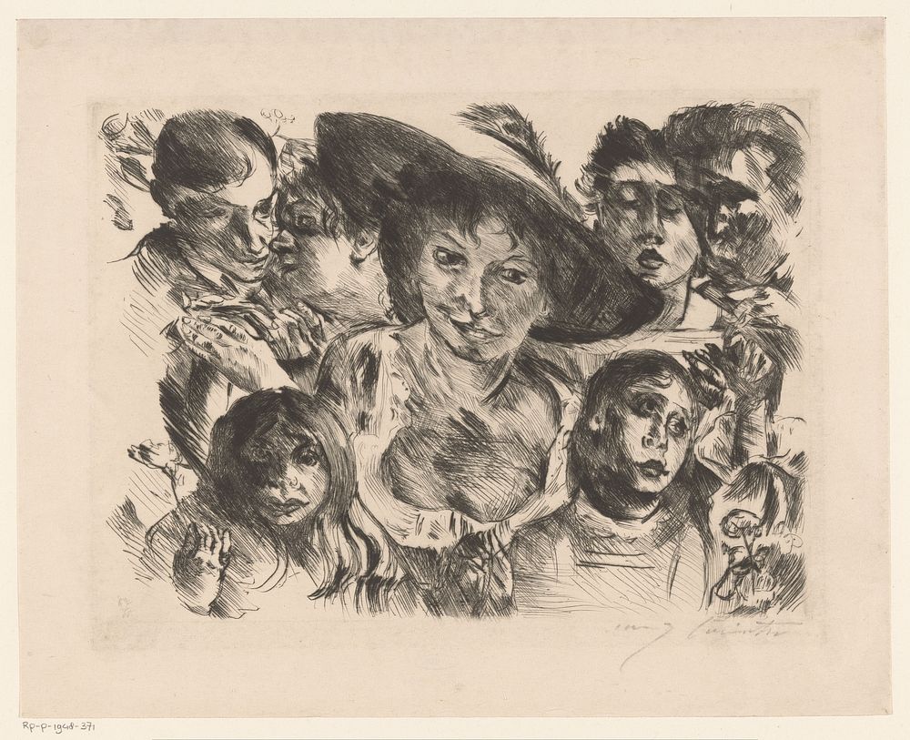 Vrouw met hoed omringd door een groep gezichten (1868 - 1925) by Lovis Corinth
