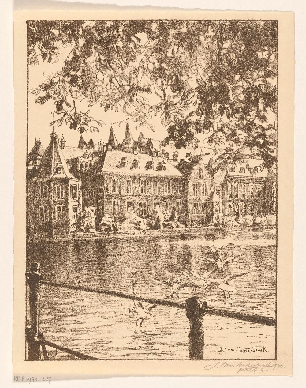 Gezicht op de Hofvijver en het Binnenhof in Den Haag (1940) by Johan Hendrik van Mastenbroek