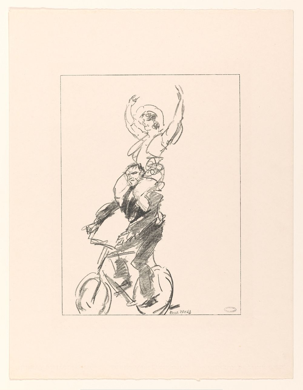 Acrobaat op de schouders bij een fietsende man (1875 - 1934) by Isaac Israels