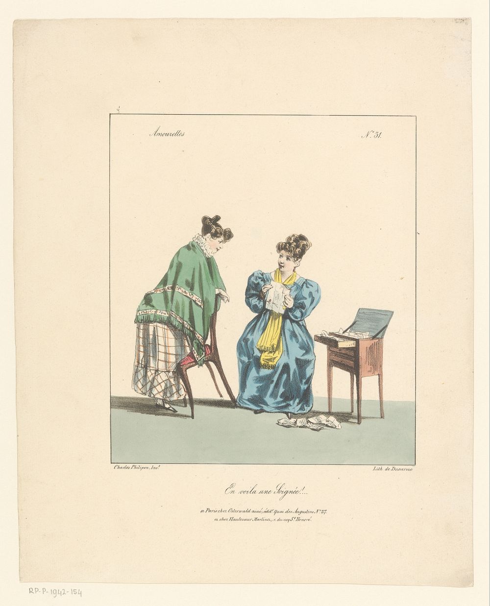 Twee vrouwen bij een schrijftafel met brieven (1827 - 1829) by Charles Philipon, Charles Philipon, Pierre François Ducarme…