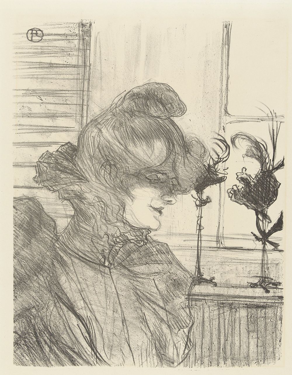 Portret van Louise Blouet (Le Margouin) in atelier van Renée Vert (1900) by Henri de Toulouse Lautrec and Henri Stern