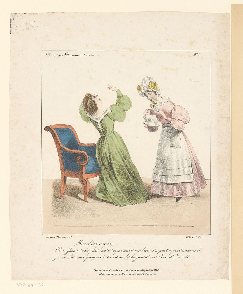 Vrouw valt flauw na afscheid van man per brief (1828 - 1830) by Charles Philipon, Charles Philipon, Georges Jean Frey, Jean…