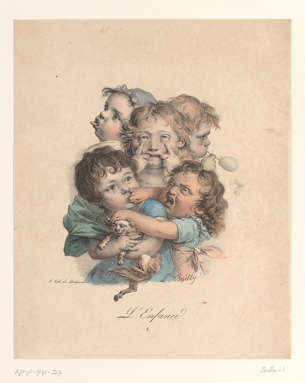 Karikatuur van vijf kinderen met een hond (1823) by Louis Léopold Boilly and François Séraphin Delpech