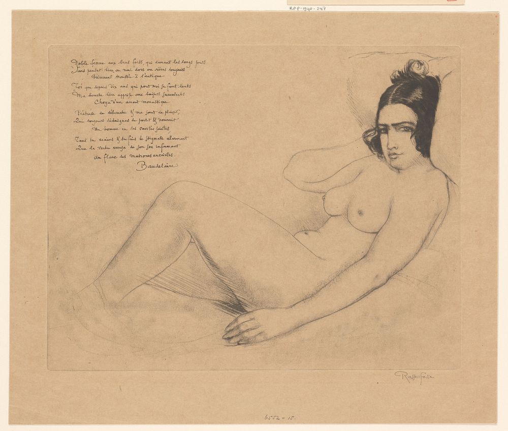 Liggende naakte vrouw met haar hoofd rustend op een kussen (1930) by Armand Rassenfosse and Charles Baudelaire