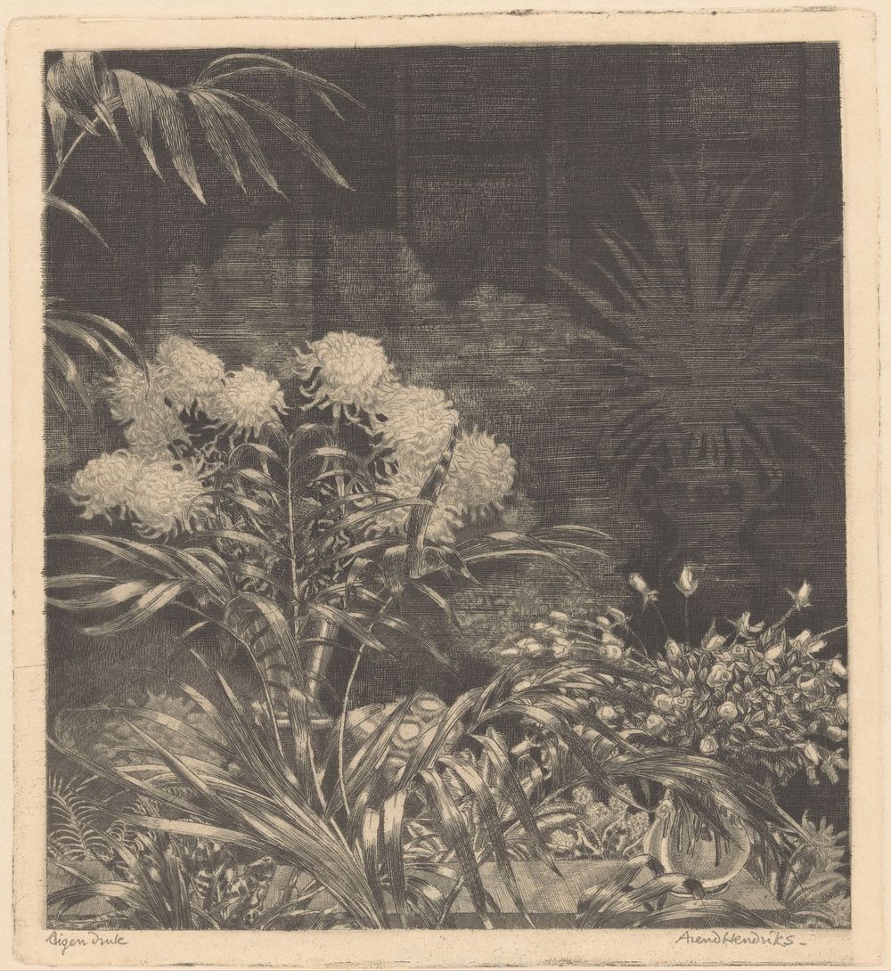 Interieur met bloemen in vazen en planten in potten (1911 - 1943) by Arend Hendriks and Arend Hendriks