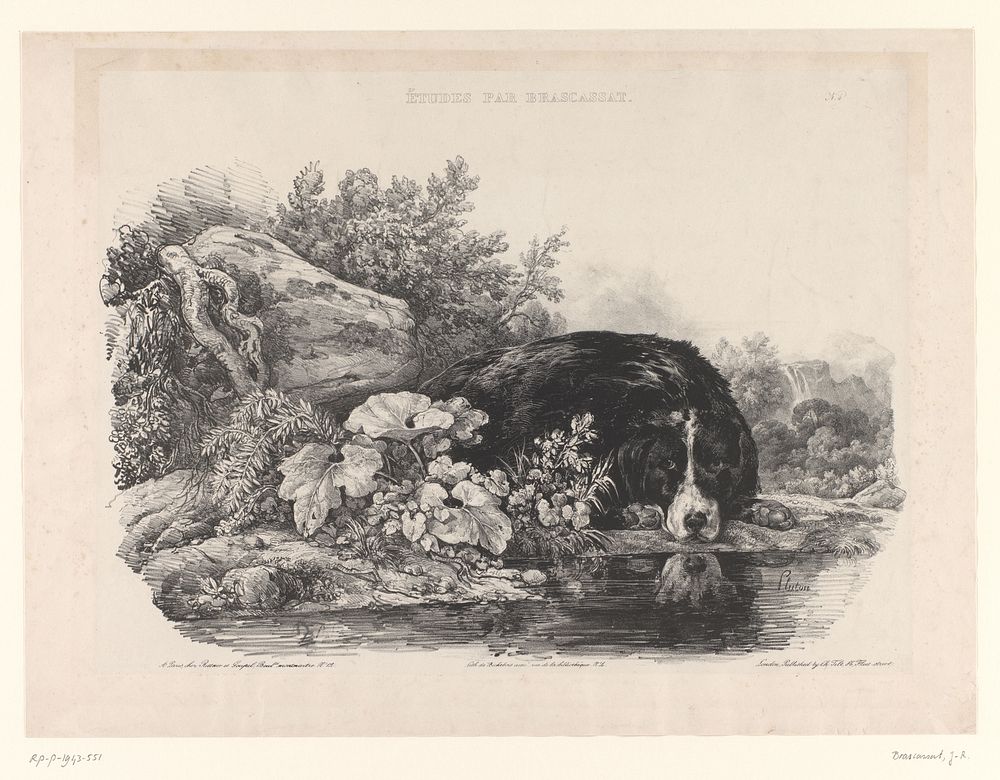 Rustende hond aan de rand van het water (1832) by Jacques Raymond Brascassat, Alphonse Bichebois, Rittner and Goupil and…