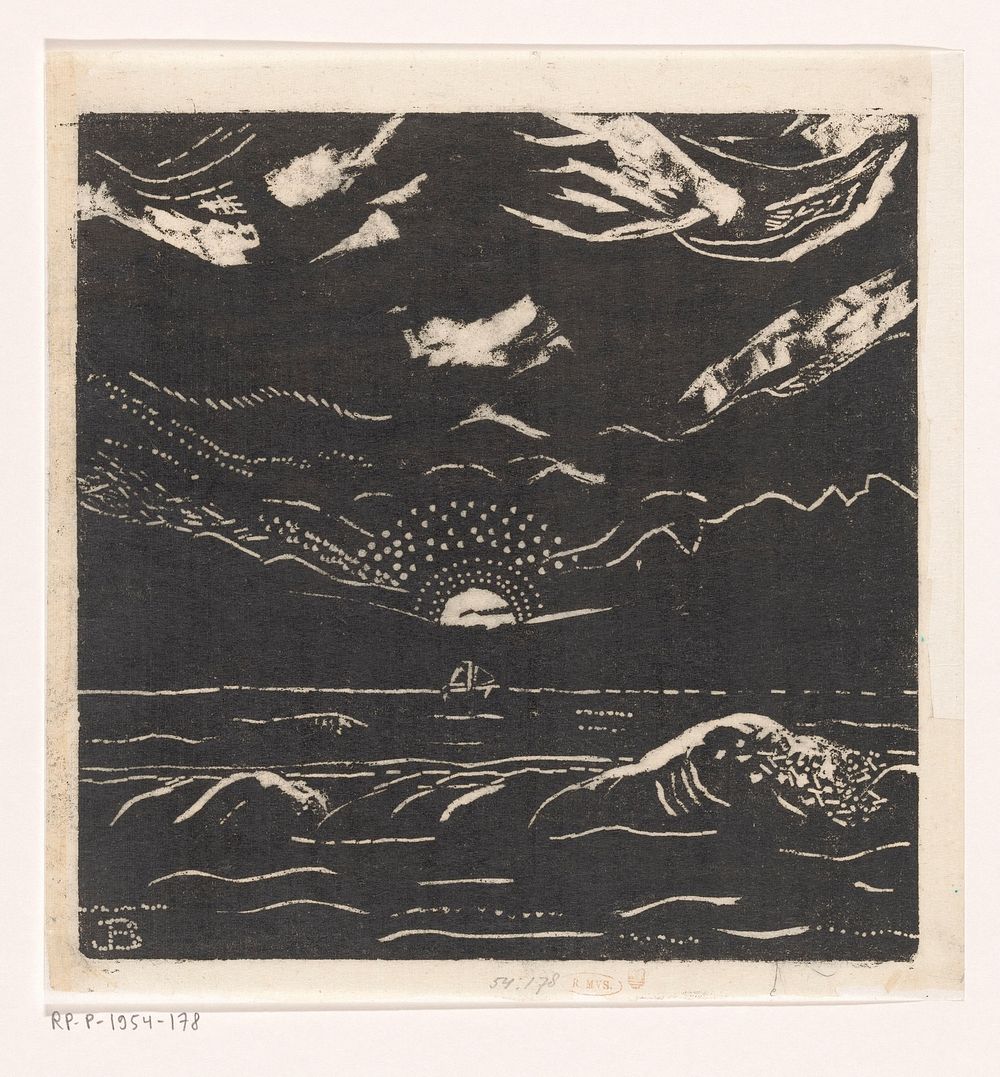Zeegezicht met zeilboot en ondergaande zon (1900 - 1954) by Jo Bezaan and Jacob Bendien