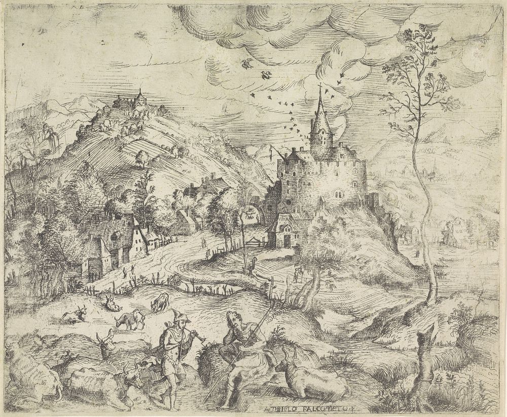 Landschap met Mercurius die de kudde van Apollo steelt (1527 - 1567) by Angelo Falconetto