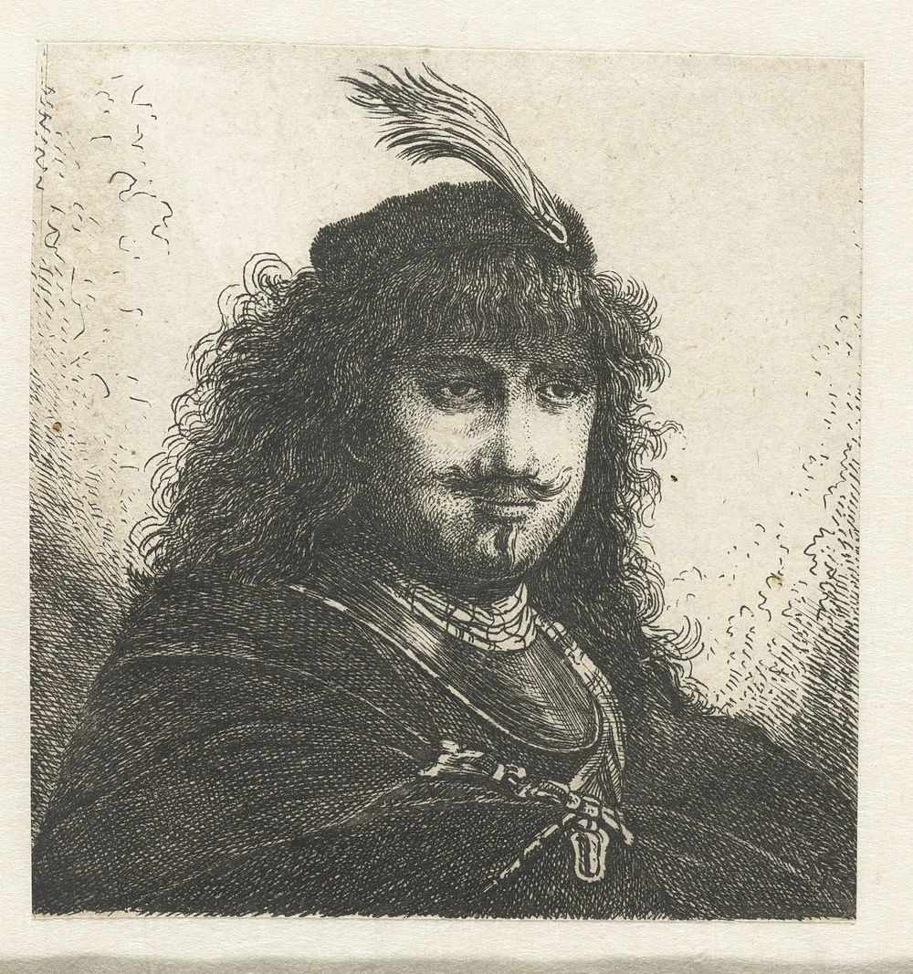 Self-portrait (?) with plumed cap and lowered sabre (1750 - 1800) by Georg Leopold Hertel, Rembrandt van Rijn and Johann…