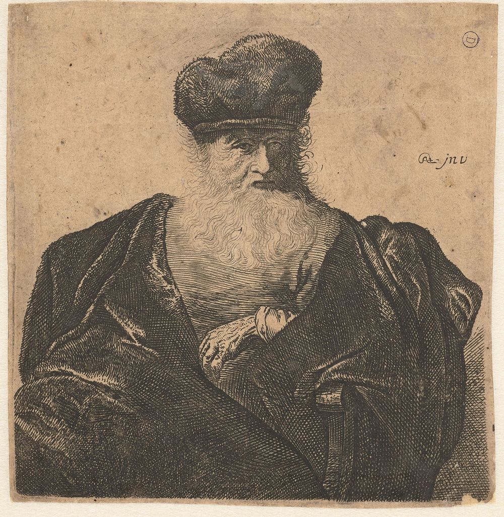 Old man with beard, fur cap, and velvet cloak (after 1631) by anonymous and Rembrandt van Rijn
