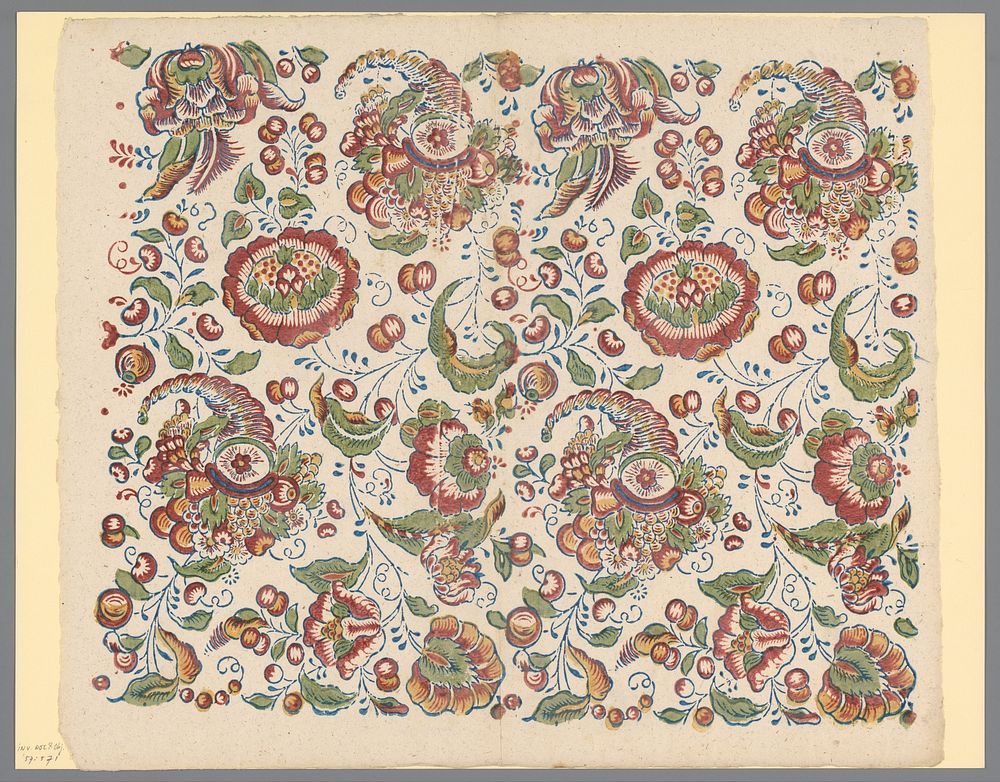 Blad met hoornen des overvloeds en bloemen die door fijne ranken met elkaar verbonden zijn (1750 - 1799) by anonymous
