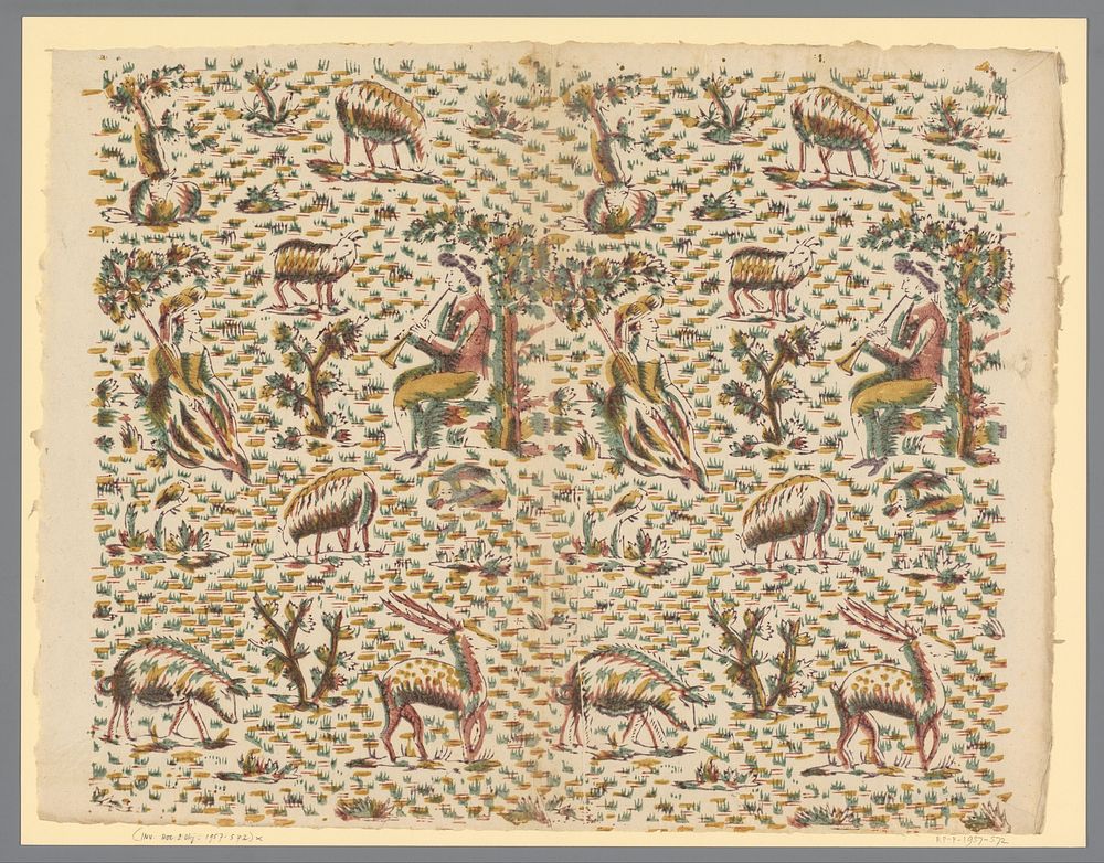 Blad met fluitspelende herder en zittende herderin omgeven door dieren (c. 1780) by anonymous