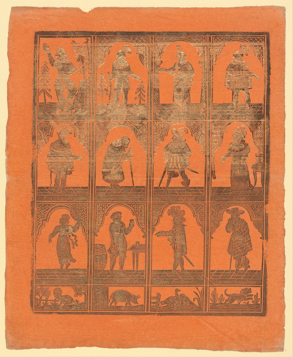Blad met drie rijen figuren uit het verhaal van de Spaanse heidin Preciosa (1780 - 1820) by anonymous