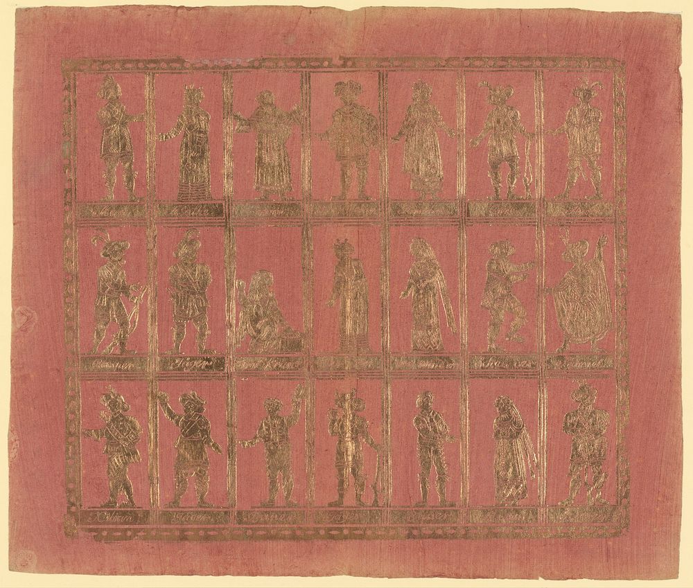 Blad met drie rijen met zeven figuren uit een toneelstuk (1800 - 1830) by anonymous