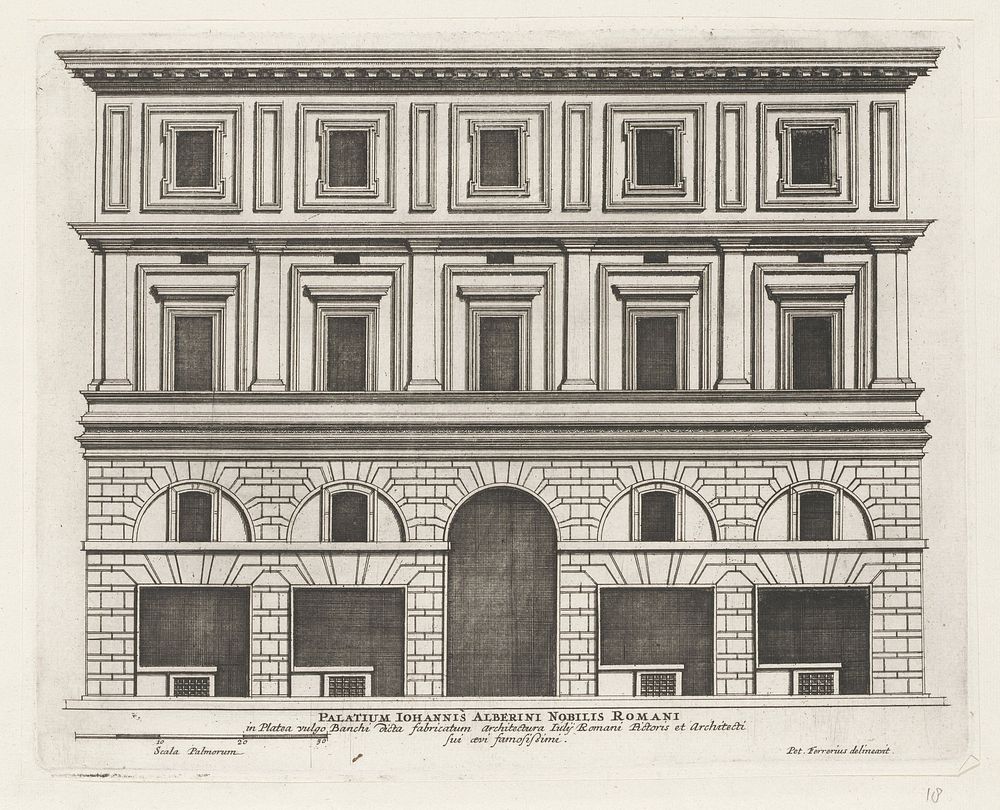 Façade van Palazzo Alberini Cicciaporci te Rome (1655) by Giovanni Battista Falda, Pietro Ferrerio, Giulio Romano and…