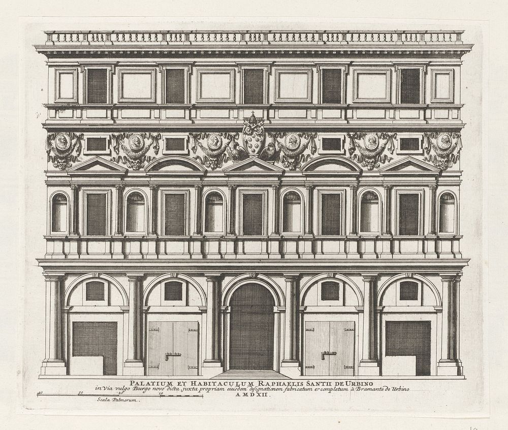 Façade van Palazzo Branconio dell'Aquila te Rome (1655) by Giovanni Battista Falda, Pietro Ferrerio, Rafaël, Donato Bramante…