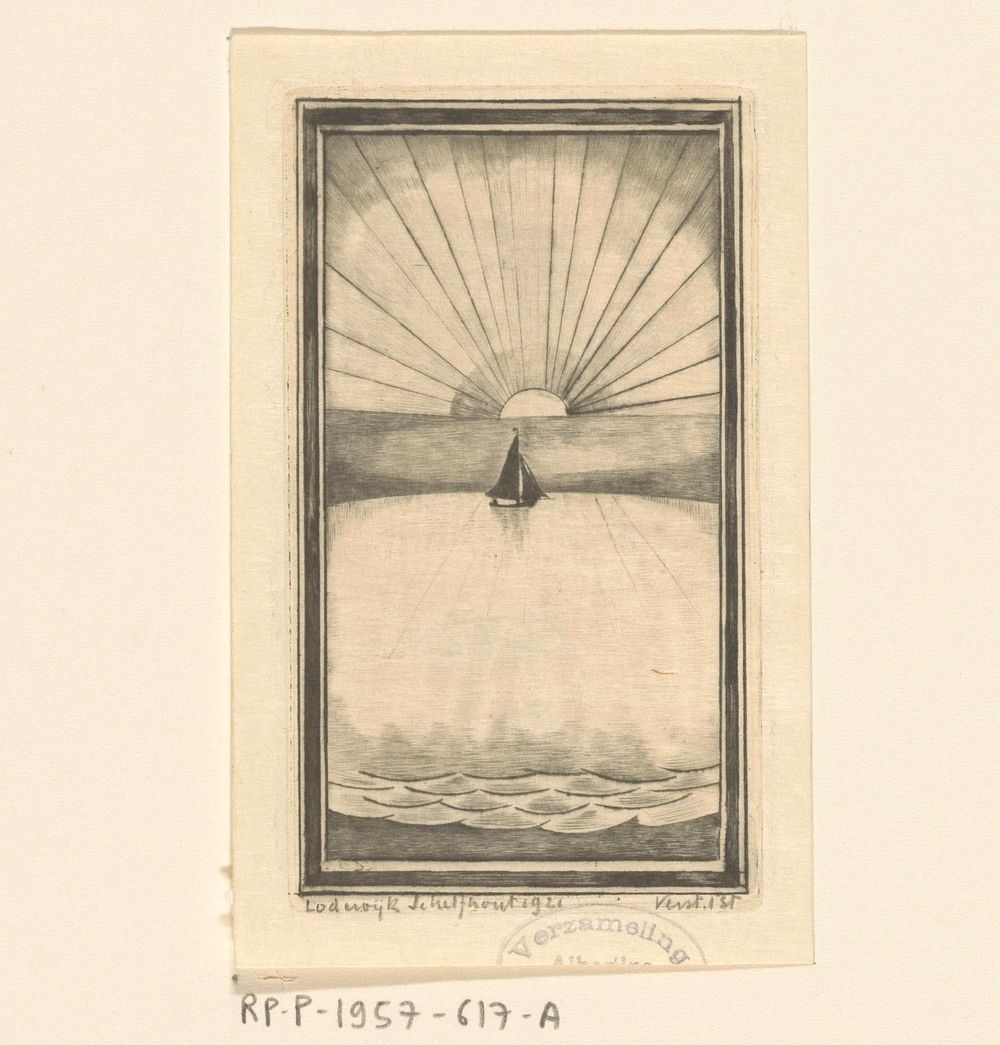 Zeilschip op zee bij opgaande of ondergaande zon (1921) by Lodewijk Schelfhout and N V Roeloffzen and Hübner