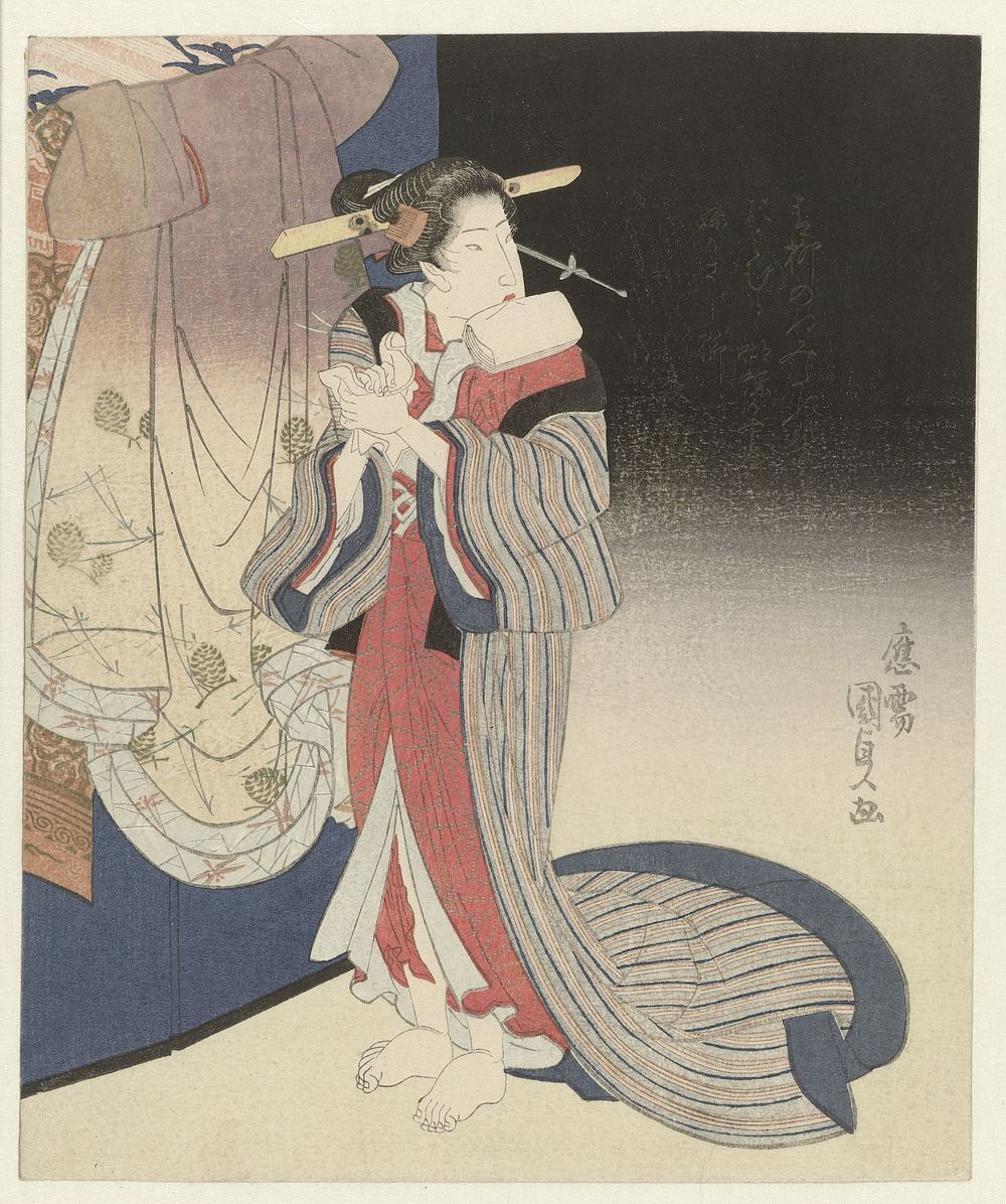 Courtisane bereidt zich voor op de nacht (c. 1826 - c. 1827) by Utagawa Kunisada I and Shinrintei Mokumori