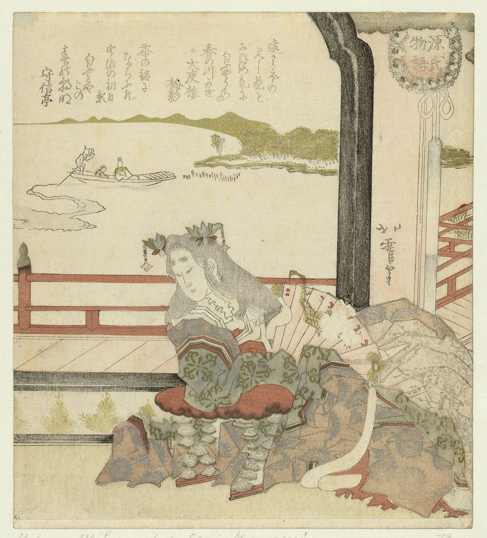 Vrouw bij een balkon (c. 1820 - c. 1825) by Karyôsai Hokuga, Shôtarô Umekage and Shushintei