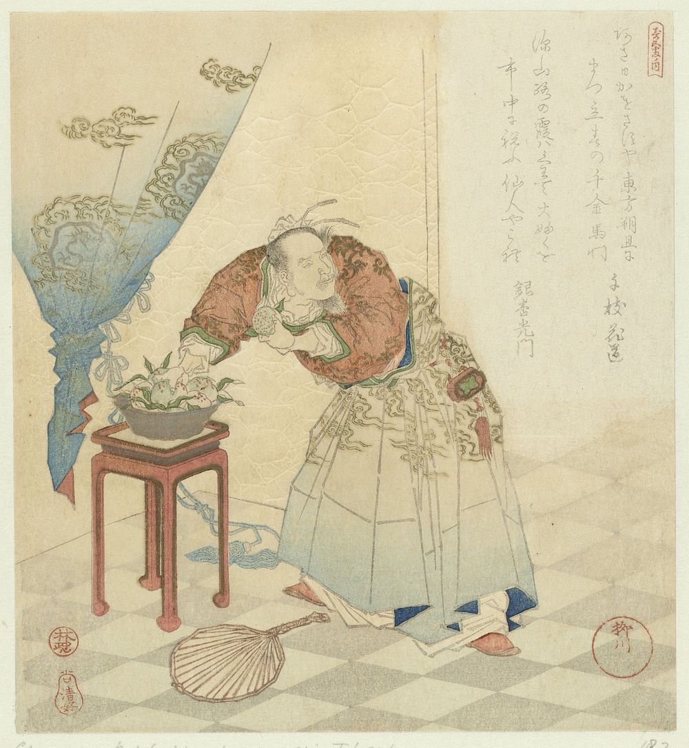 Tôbôsaku steelt onsterfelijkheidsperziken (c. 1822 - c. 1828) by Yanagawa Shigenobu I, Chieda no Hanamichi and Ginkô…