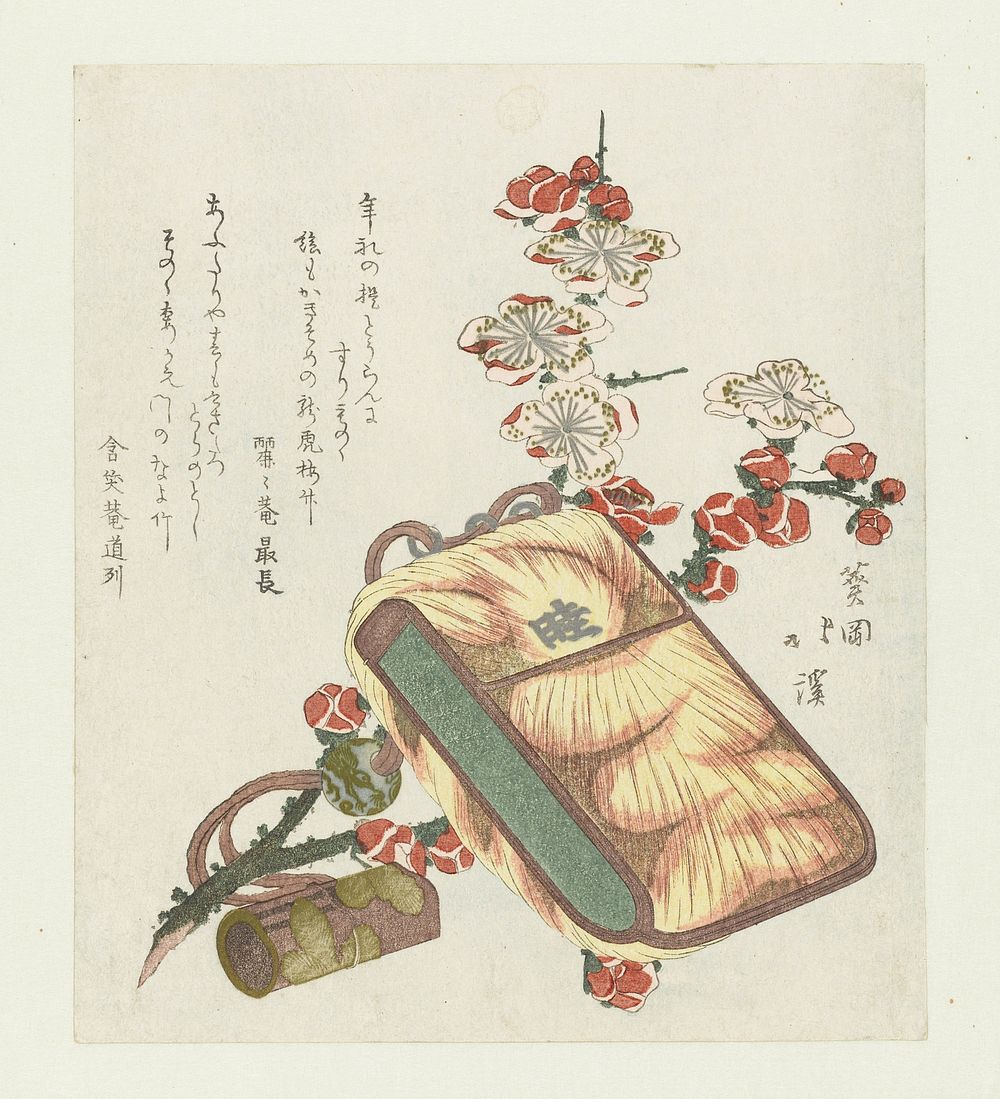 Tabakszak met gordelknoop en pruimenbloesem (1818) by Totoya Hokkei, Reireian Itonaga and Ganshôan Michitsura