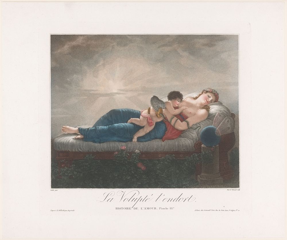 Personificatie van Wellust (Voluptas) en Amor, slapend in een bed (1817 - 1837) by Michel Dissard, Louis Prot, Jean Baptiste…