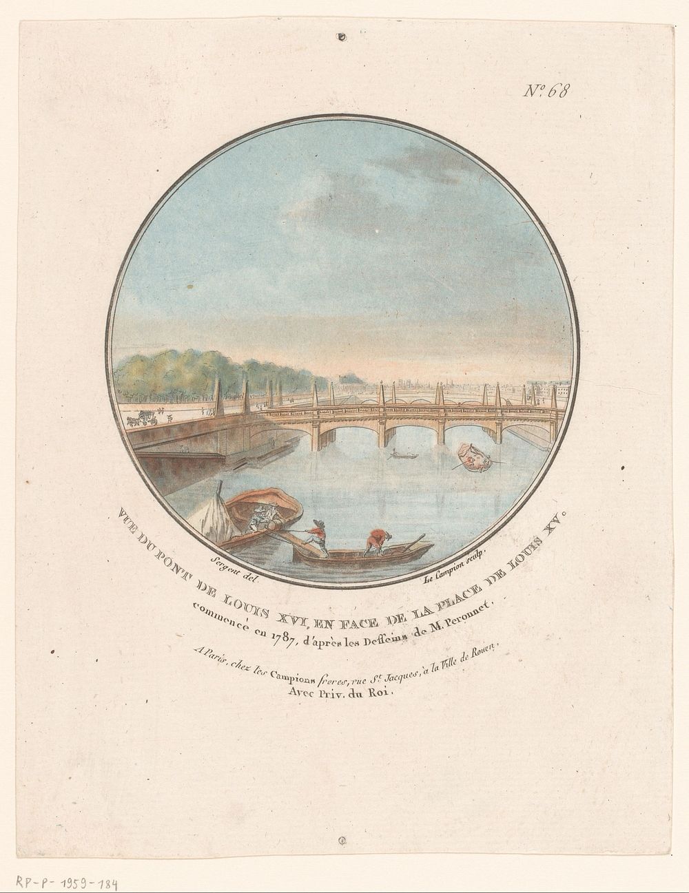 Gezicht op de Pont de la Concorde (c. 1788) by Joseph Alexandre Le Campion, Sergent, Le Campion Frères and Lodewijk XVI…