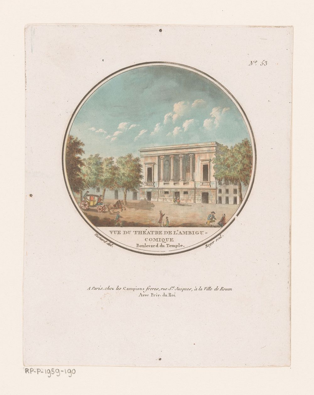 Gezicht op het Théâtre de l'Ambigu-Comique (c. 1789) by L Roger, Jean Testard, Le Campion Frères and Lodewijk XVI koning van…