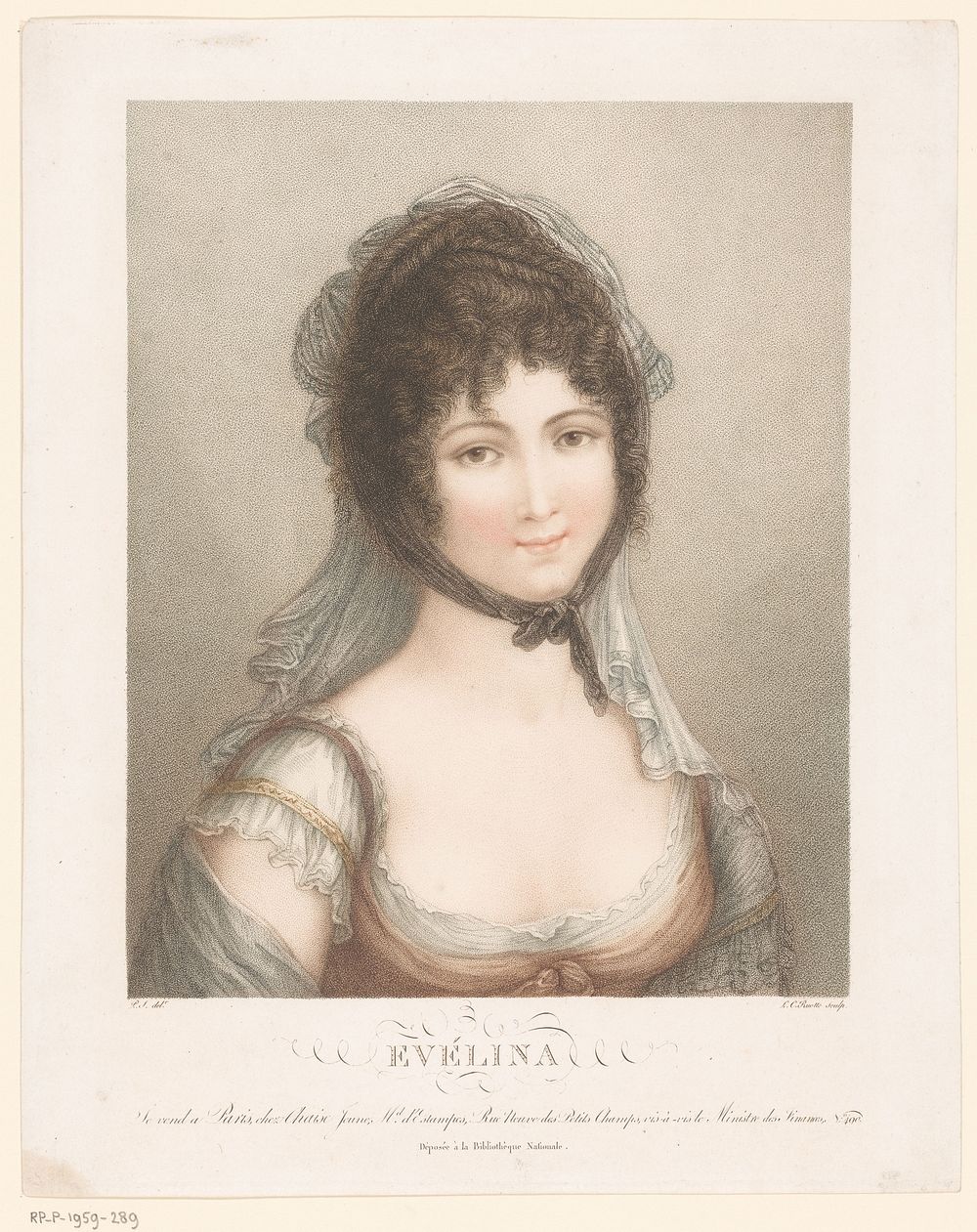 Jonge vrouw met sluier en opgestoken krullend haar (1800 - 1806) by Louis Charles Ruotte, Monogrammist PS graveur and Chaise…