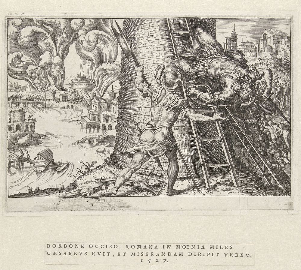 Bestorming van Rome, 1527 (1555 - 1556) by Dirck Volckertsz Coornhert, Maarten van Heemskerck and Hieronymus Cock