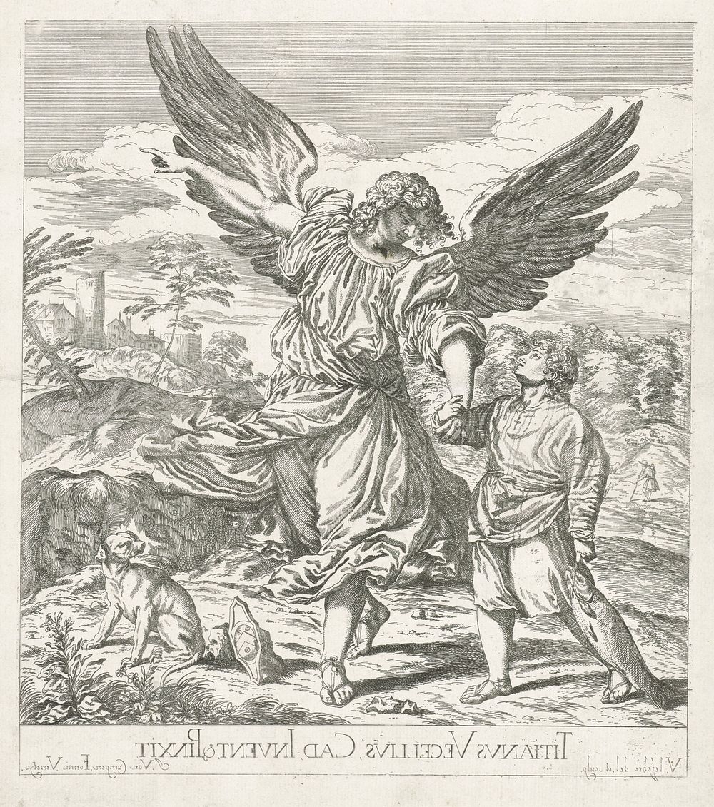 Tobias en de engel (1682) by Valentin Lefèbvre, Valentin Lefèbvre, Titiaan and Jacobus van Campen