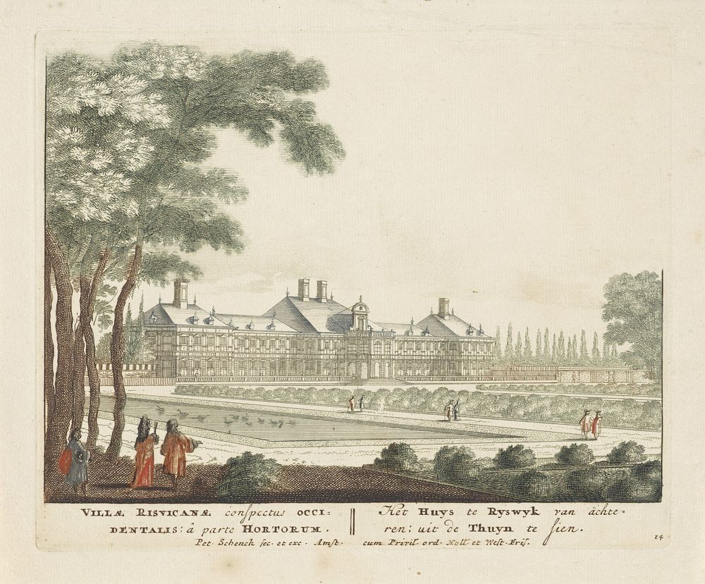 Gezicht vanuit de tuin op de achterzijde van Huis ter Nieuburch te Rijswijk (1697) by Pieter Schenk I, Pieter Schenk I and…