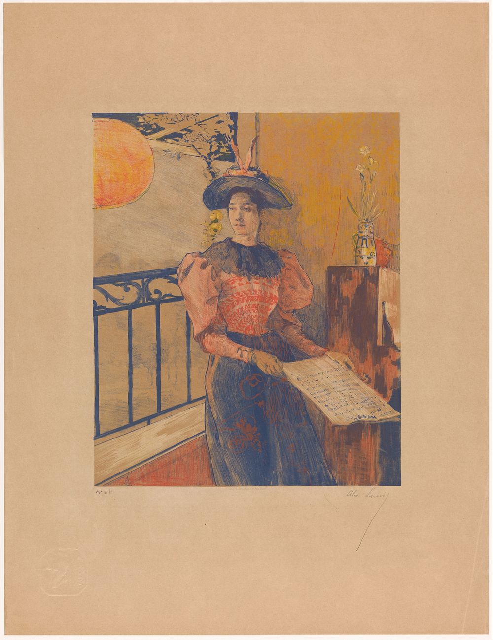 Staande vrouw met bladmuziek in haar handen (1893) by Alexandre Lunois, A Lafontaine and Fils and André Marty