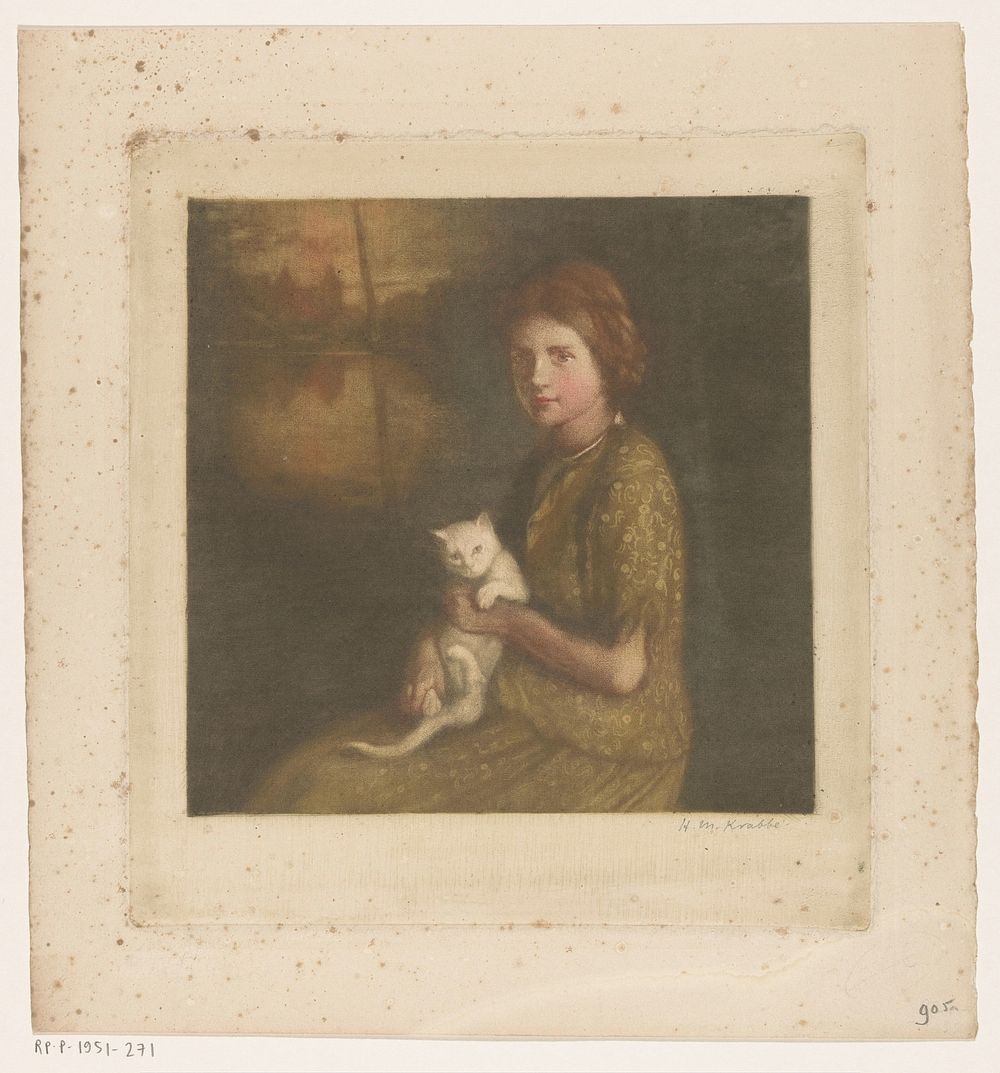 Meisje met een kat op schoot (1878 - 1931) by Heinrich M Krabbé