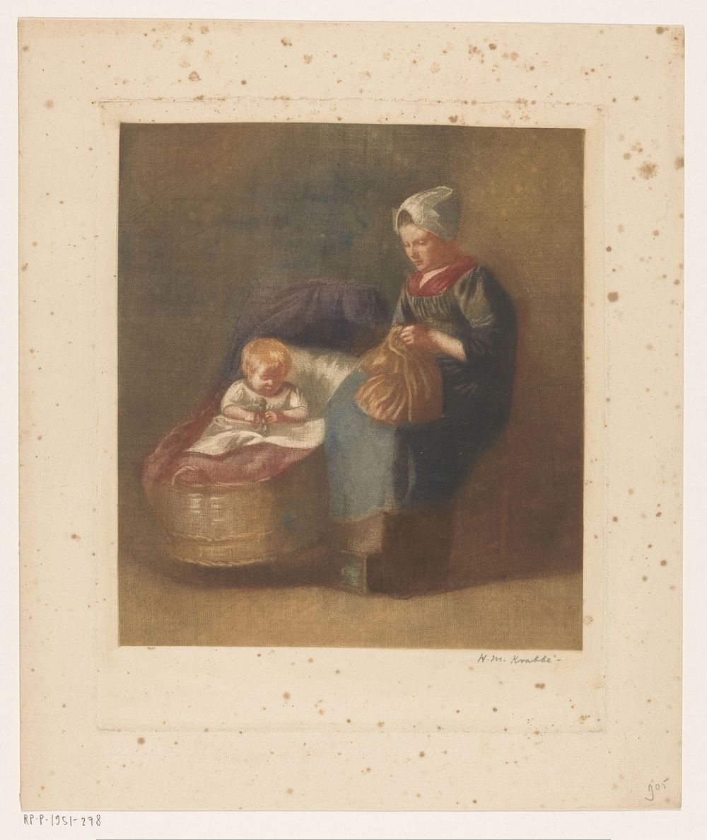 Handwerkende vrouw naast een kind een wieg (1878 - 1931) by Heinrich M Krabbé