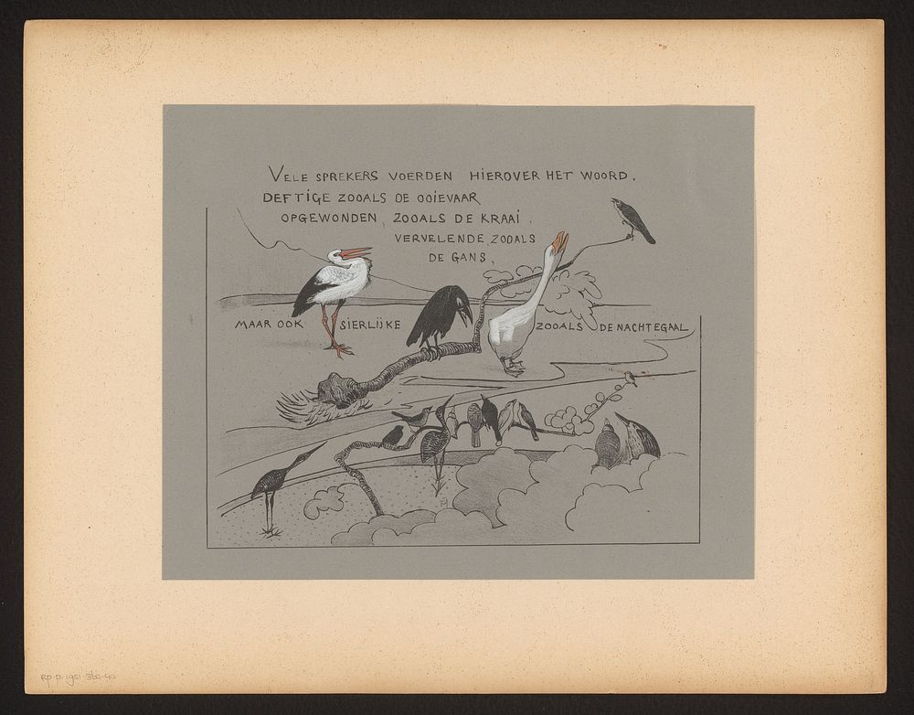 Tekstblad met vogels, onder andere roerdomp, gans, ooievaar en kraai (1892) by Theo van Hoytema and Firma S Lankhout and Co