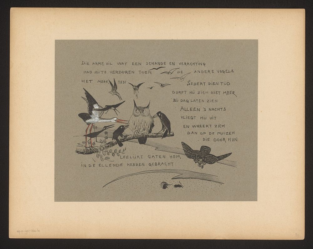 Tekstblad met vogels die de uil terechtwijzen (1892) by Theo van Hoytema and Firma S Lankhout and Co