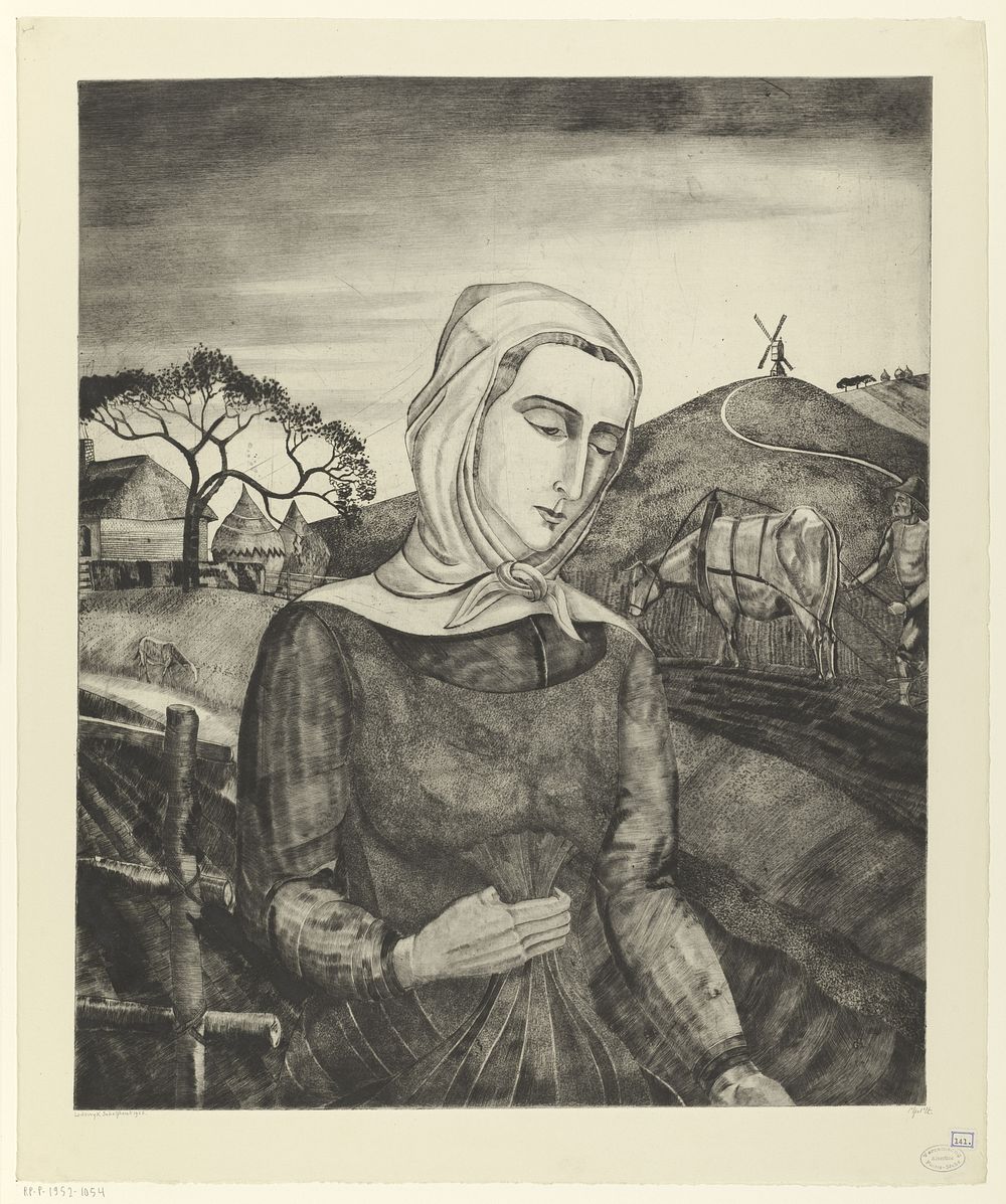 Vlaamse boerin in een heuvellandschap (1926) by Lodewijk Schelfhout and N V Roeloffzen and Hübner
