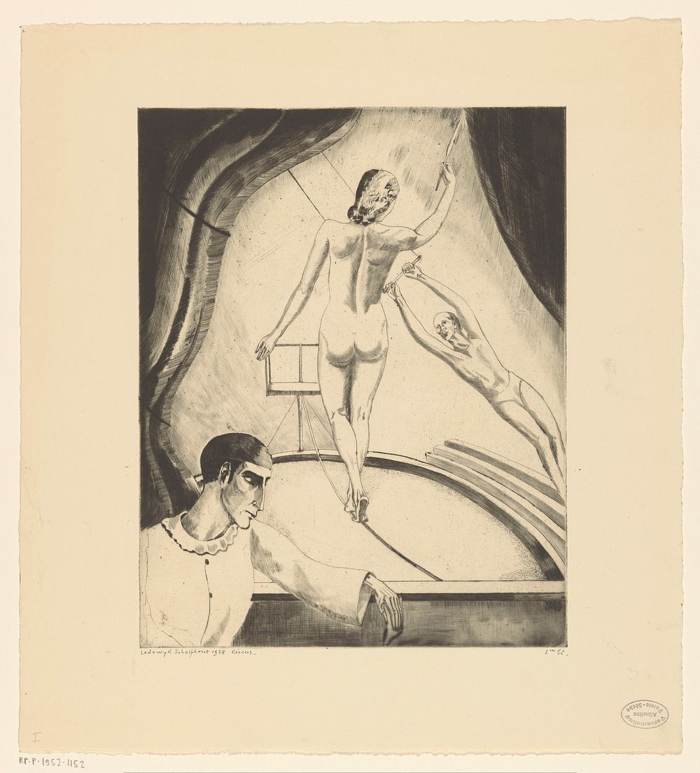 Koorddanseres, trapezeartiest en pierrot (1934) by Lodewijk Schelfhout and N V Roeloffzen and Hübner