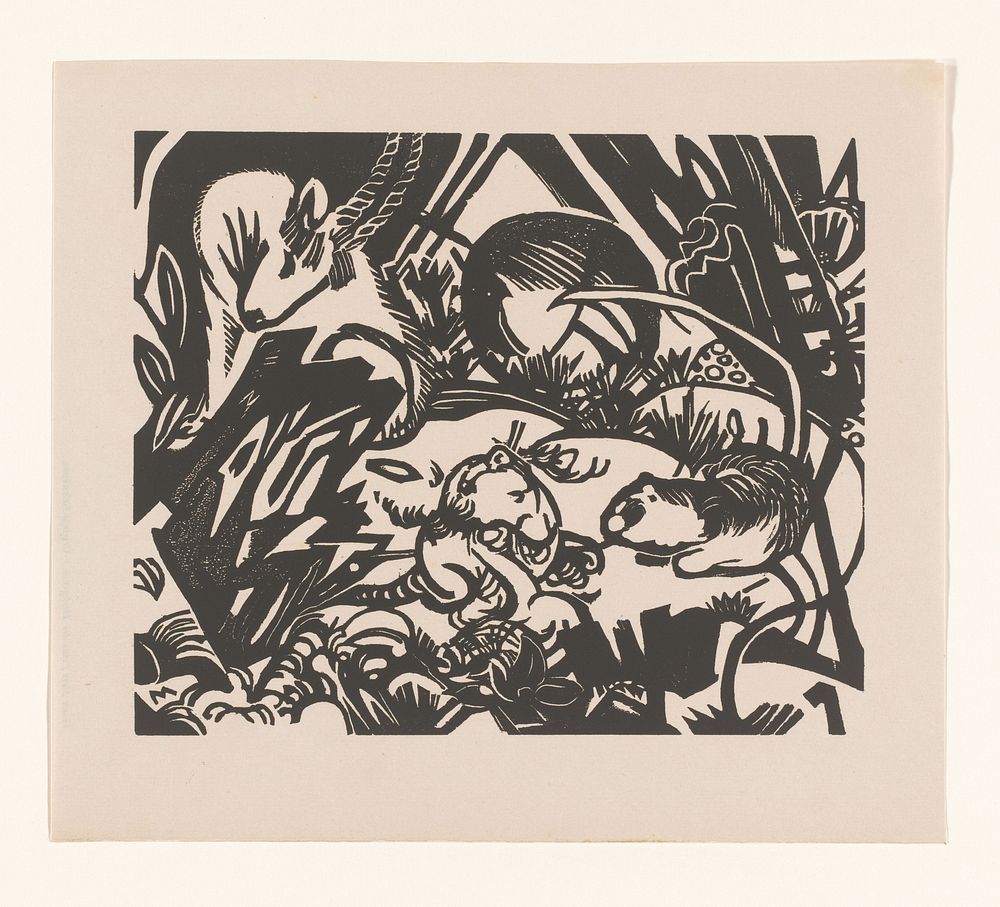 Landschap met steenbok en andere dieren (1912) by Franz Marc