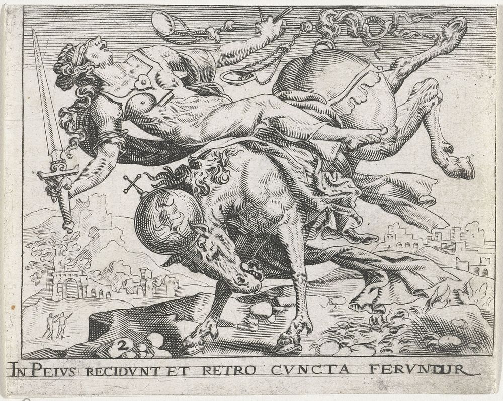 Justitia valt van een steigerend paard (1611) by Johann Theodor de Bry, Dirck Volckertsz Coornhert, Maarten van Heemskerck…