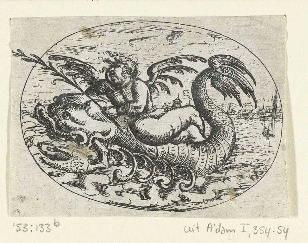 Liggend ovaal met putto op zeewezen (1573 - 1610) by Christoph Jamnitzer, Christoph Jamnitzer and Christoph Jamnitzer