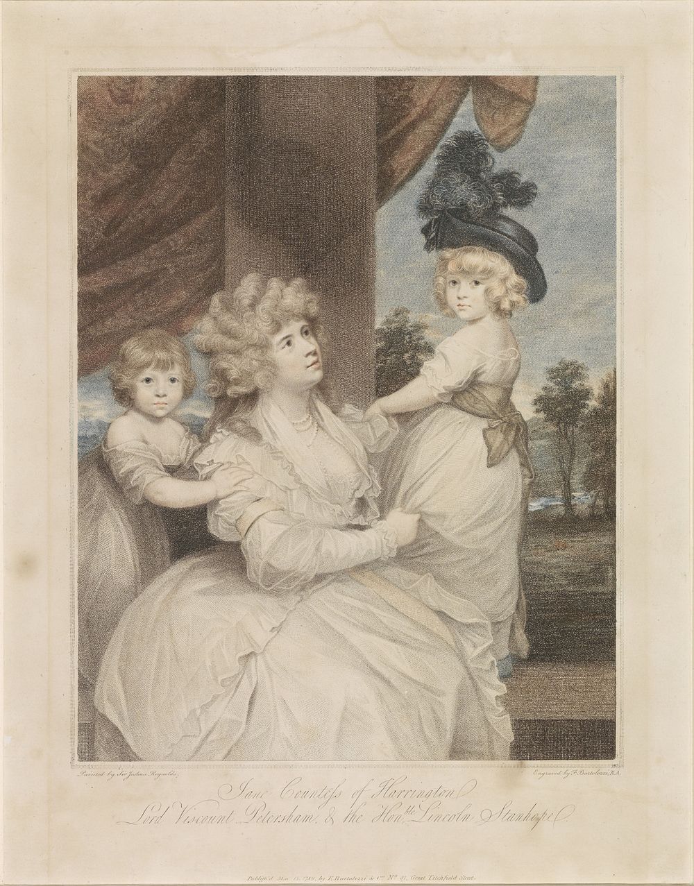 Portret van Jane Stanhope met haar twee kinderen (1789) by Francesco Bartolozzi, Joshua Reynolds and Francesco Bartolozzi…