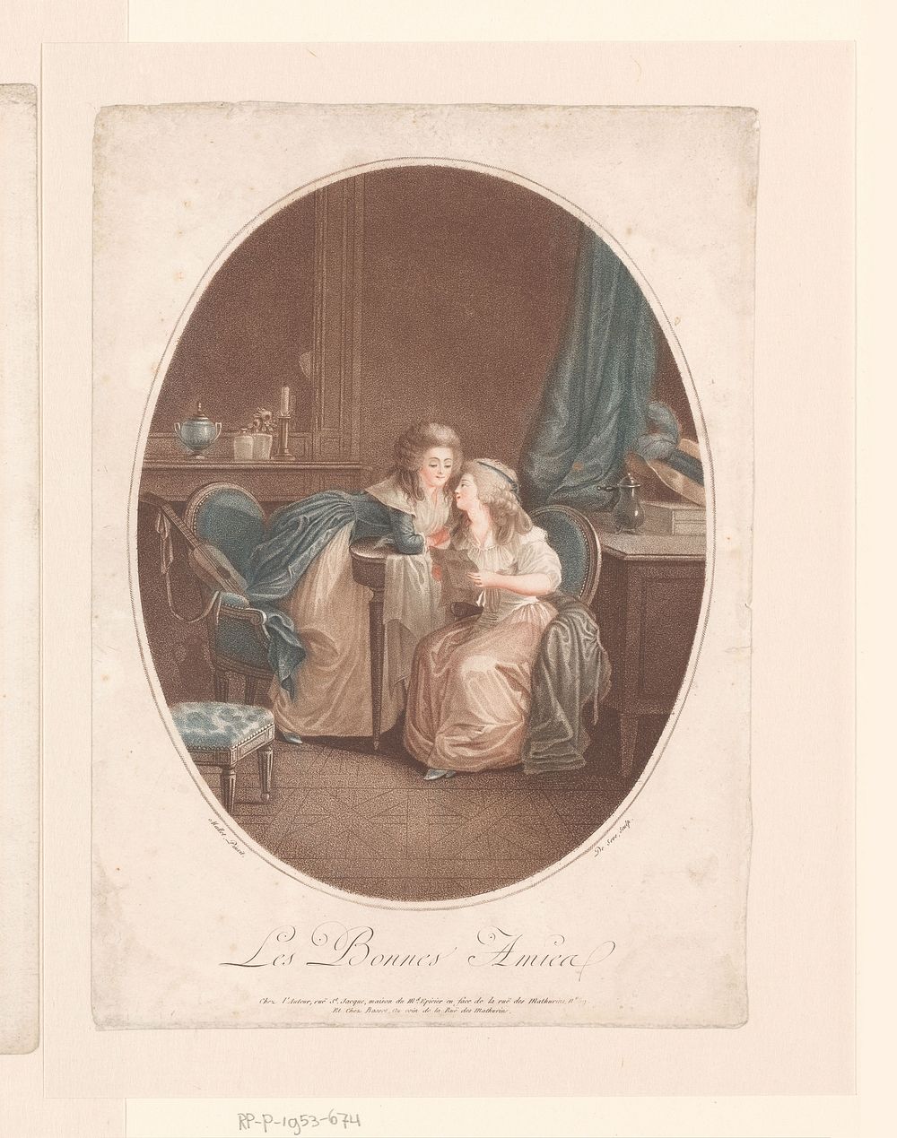Interieur met twee elegante dames, samen een brief lezend (1800 - 1830) by Jacques Eustache de Sève, Jean Baptiste Mallet…