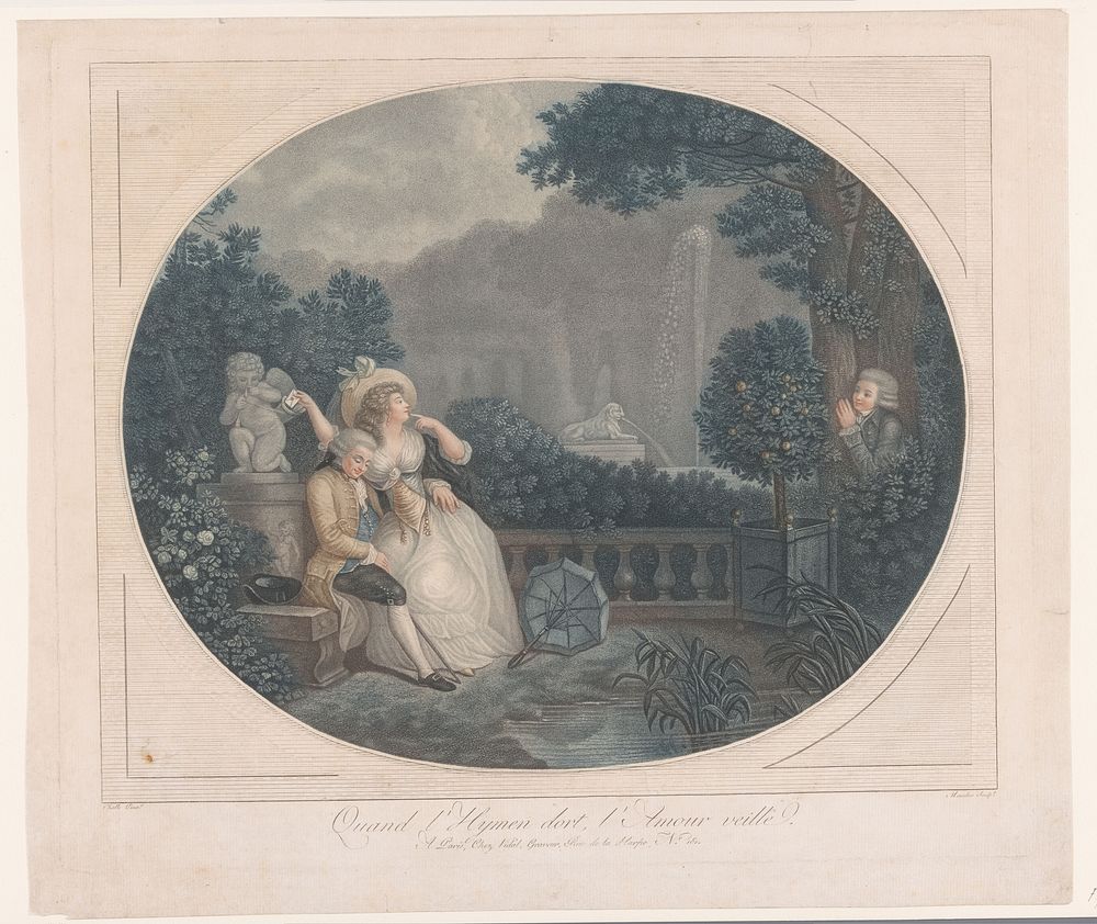 Tuin met slapende man en toekijkende man (1700 - 1799) by Mauclerc, Challe and Gérard Vidal